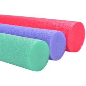 Three foam buoyancy sticks in green, purple, and red, featuring a smooth texture and rounded ends.