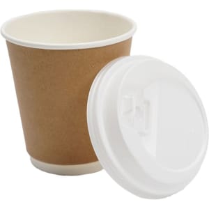 A reusable coffee cup in brown kraft paper with a white lid. The lid is separate from the cup.