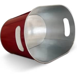 A red oval galvanized metal beer bucket with handles, featuring a shiny silver interior.