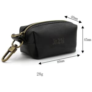 A black PU leather dog poop bag holder with a zip closure and a clip, featuring dimensions and weight details.