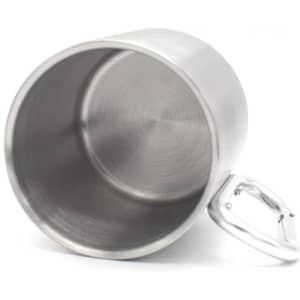 A stainless steel cup with a carabiner hook, featuring a smooth interior and a shiny exterior.
