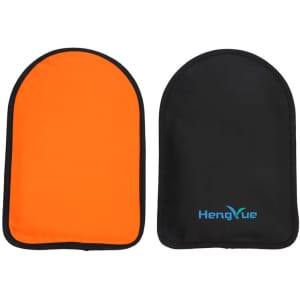 A drink bottle cooler sleeve in vibrant orange and black, featuring a logo. Suitable for keeping beverages chilled.