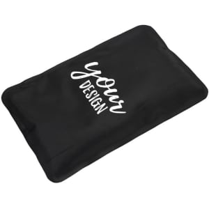 A black nylon rectangle reusable ice pack with a logo design in white.