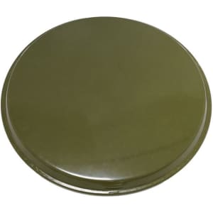 A round, olive green serving tray with a smooth, glossy finish and a non-slip base, featuring a brand logo.