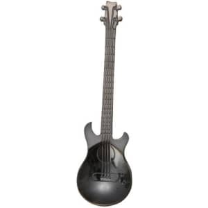 A black stainless steel spoon designed in the shape of a guitar, complete with details on the neck and body.