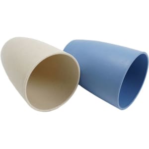 A drink bottle set featuring two cups, one in cream and the other in light blue, made from wheat straw plastic.