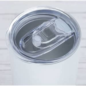 A drink bottle featuring a clear, snap-on lid and a smooth, white exterior. It has a logo on it.