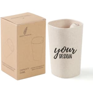 A wheat straw mouthwash cup in a light beige colour, displayed beside its simple, eco-friendly packaging.