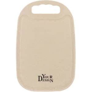 A wheat straw cutting board in a natural beige colour, featuring a handle and a logo at the bottom.