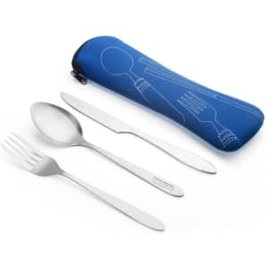 A blue neoprene case containing a stainless steel spoon, fork, and knife set.