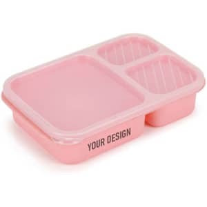 A pink 3-compartment reusable wheat straw bento lunch box with a transparent lid and a branding space.