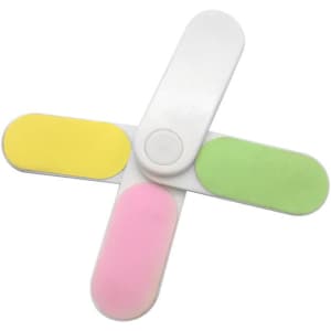 A 4 in 1 promotional pocket rotating mini nail file in white, pink, yellow, and green. Features a logo.