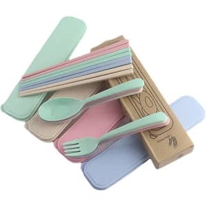 A portable utensil set featuring a green spoon, pink fork, and multiple pastel-coloured reusable straws in a compact packaging.