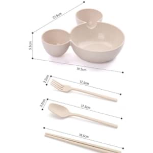 A beige wheat straw tableware set featuring a large bowl, two smaller bowls, and utensils including a fork, spoon, and chopsticks.