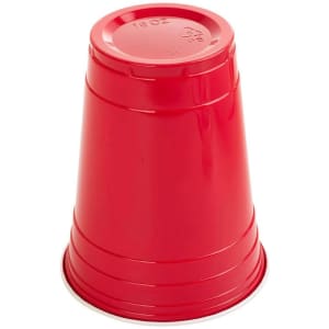 A stack of red disposable beer pong cups with a glossy finish and a logo on the side.