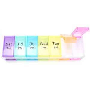 A multi-coloured pill case with 14 compartments labelled for each day and two time slots per day. It has a branding logo.