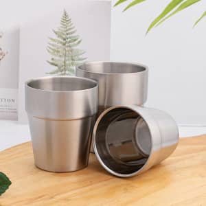 A drink bottle set featuring three stainless steel double layer cups with a sleek silver finish.