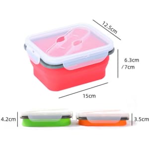 A collapsible lunch box in red, green, and orange, featuring a clear lid and dimensions provided for each container.