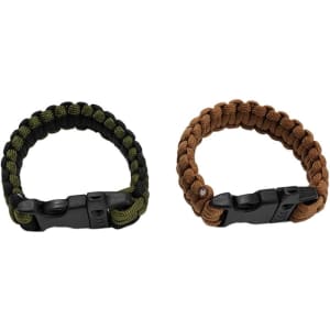 Two paracord survival bracelets in black and olive green, and brown, each with a black clasp. They have a simple, woven design.
