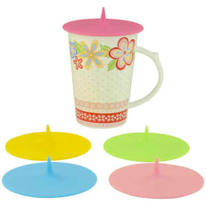 A drink bottle with a floral design accompanied by four colourful silicone cup lids in pink, yellow, green, and blue.