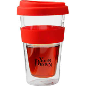 A clear double wall mug with a red silicone lid and sleeve, featuring a logo. Holds 12 oz of beverage.