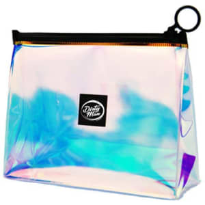 A holographic cosmetic bag featuring a black zip and a logo. The bag displays shades of blue and pink.