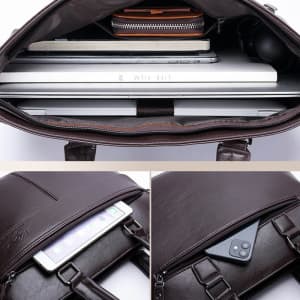 A brown PU briefcase with a laptop, tablet, and phone visible inside, featuring a logo.