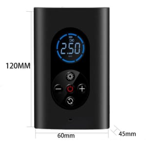 A black wireless inflator air pump with a digital display and control buttons. Features a logo on the front.