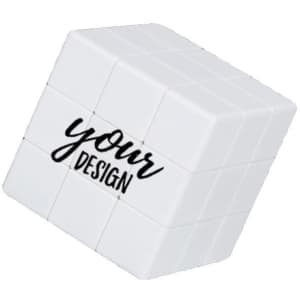 A white customizable Rubik's Cube featuring a logo, designed for promotional use and novelty entertainment.