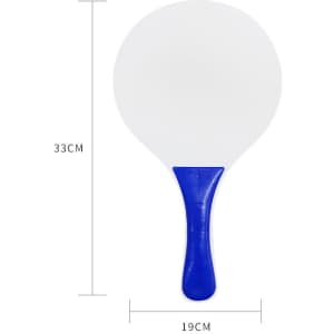 A blue and white beach racket with a rounded face and a straight handle, featuring a logo on the handle.