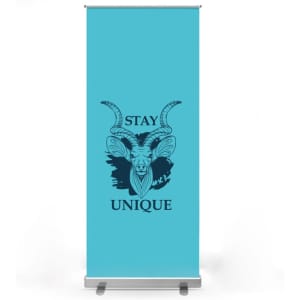 A turquoise retractable roll-up banner stand featuring a graphic of a horned animal and the text "Stay Unique."