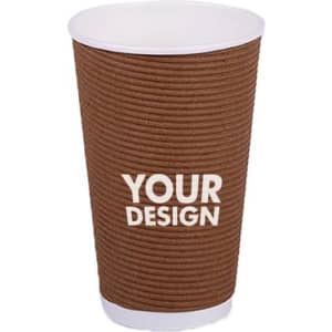 A disposable corrugated paper coffee cup in brown with a white rim. Features a design placeholder.