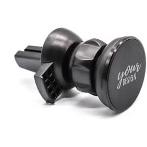 A black magnetic phone holder for car air vents featuring a customisable section.