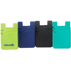 A set of silicone adhesive double-layer phone card cases in green, navy, black, and teal, featuring a logo.