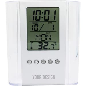 A white LCD desktop alarm clock displaying time, date, day, and temperature, with a button panel and branding.