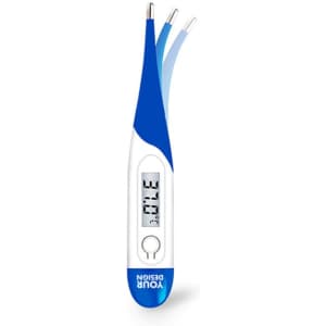 A digital oral thermometer in white and blue with three probe options and a digital display. It features a logo.