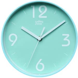 A mint green quartz wall clock with a minimalist design, featuring white hour markers and hands.
