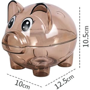 A clear plastic piggy bank in a brownish tint, featuring cartoonish eyes and a removable top. Measures 10cm high and 12.5cm wide.