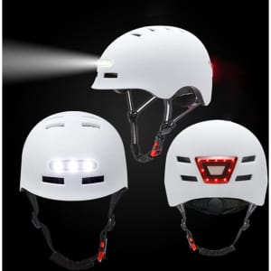 A white bike helmet featuring a front warning light and rear LEDs, with various angles displayed. Includes a logo.