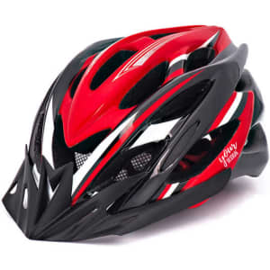 A red and black bicycle helmet with a detachable visor and tail light, featuring ventilation holes and a logo.