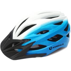 A blue and white unisex bike helmet with a detachable black visor and a logo.