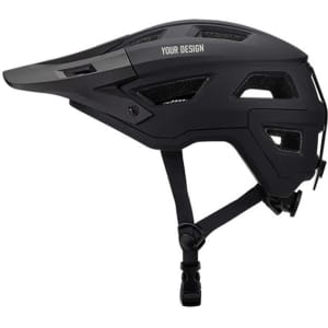 A mountain bike helmet in black with ventilation openings and adjustable straps, featuring a logo.