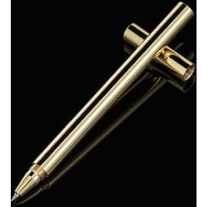 A gold electroplated metal gel pen with a sleek design, featuring a branding logo.