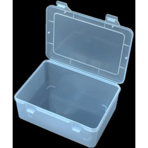 A clear rectangular flip top storage box with an open lid, made of transparent plastic.