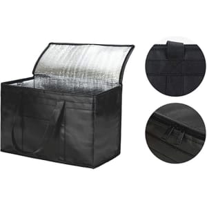 A black non-woven insulated cooler bag with a silver interior, featuring handles and a zippered closure.