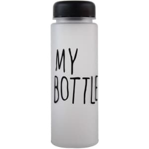 A drink bottle with a frosted finish, featuring a black cap and a logo. It is transparent and cylindrical in shape.