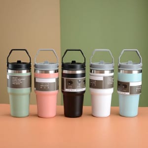 A drink bottle collection featuring five 20 oz insulated tumblers in mint, pink, black, white, and light blue, each with a handle and logos.