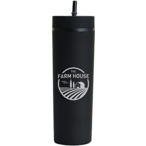 A drink bottle in matte black with a straw and a circular logo featuring farm-themed graphics.