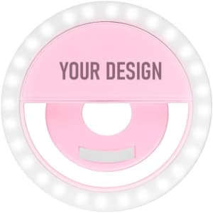 A pink mini phone LED fill light featuring a circular design with surrounding LED lights and a space for customisation.