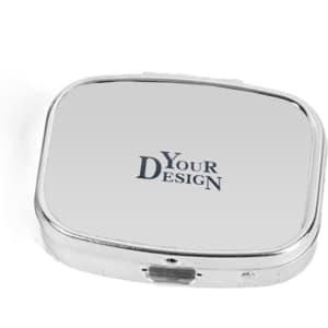 A portable metal pill box with a mirrored surface, featuring a silver finish and a branded logo.